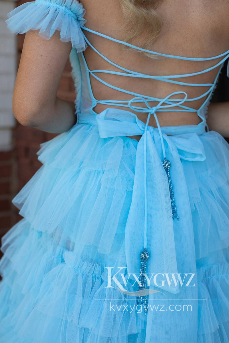 Off the Shoulder Ruffles Evening Gown Red Layered Tulle Prom Dress with Slit LF787