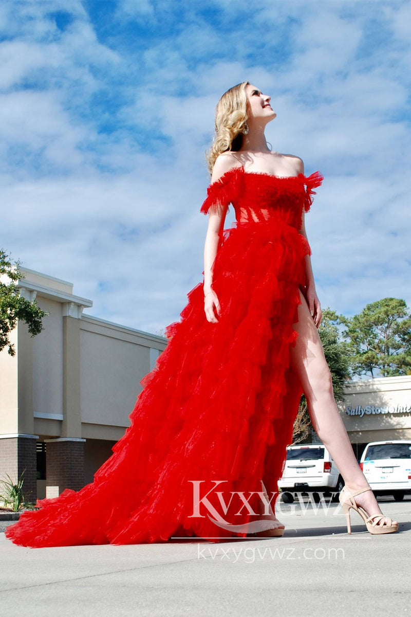 Off the Shoulder Ruffles Evening Gown Red Layered Tulle Prom Dress with Slit LF787