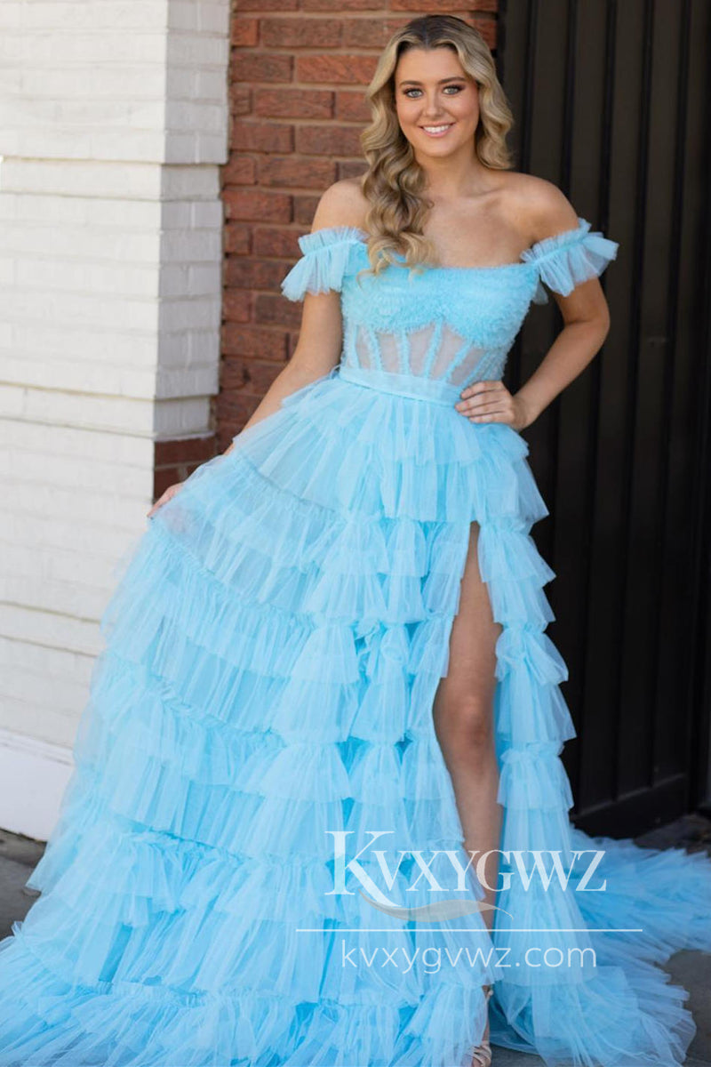 Off the Shoulder Ruffles Evening Gown Red Layered Tulle Prom Dress with Slit LF787