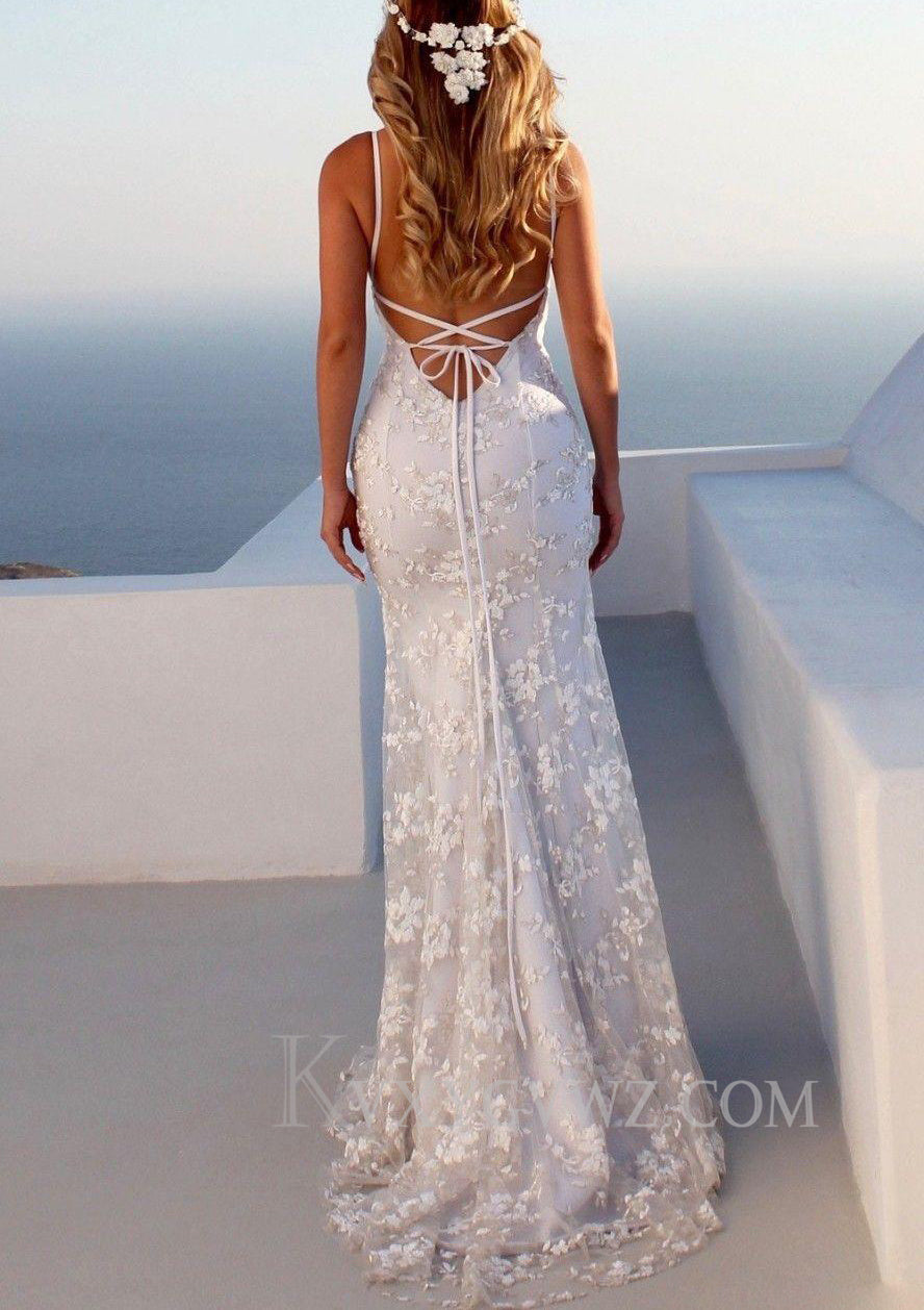 Trumpet/Mermaid Spaghetti Straps V-neck Court Train Lace Prom Dress LF079