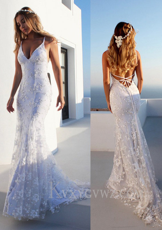 Trumpet/Mermaid Spaghetti Straps V-neck Court Train Lace Prom Dress LF079