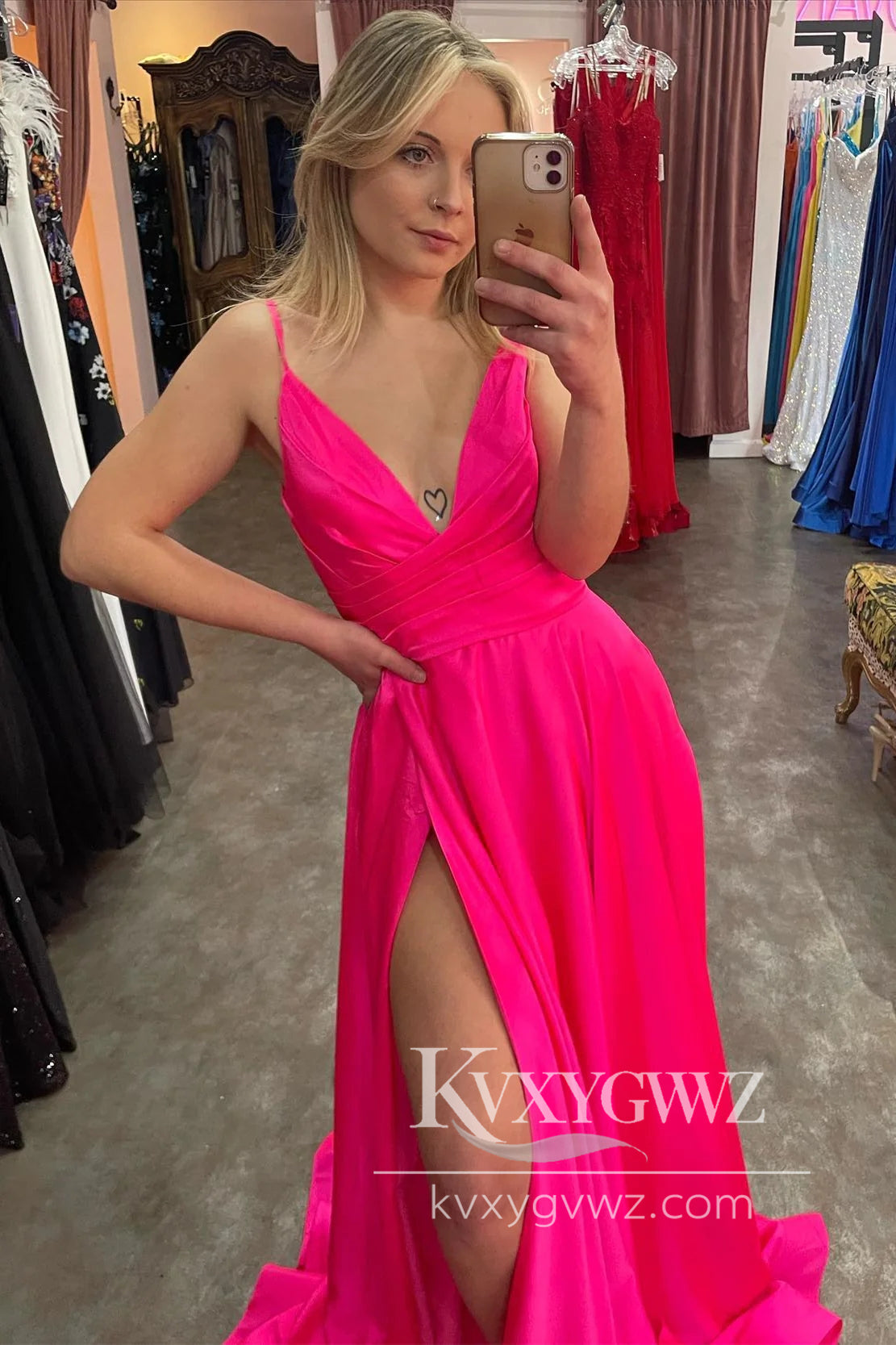 Fuchsia Plunging V Neck Straps Evening Gown A-line Satin Long Prom Dress with Slit LF790