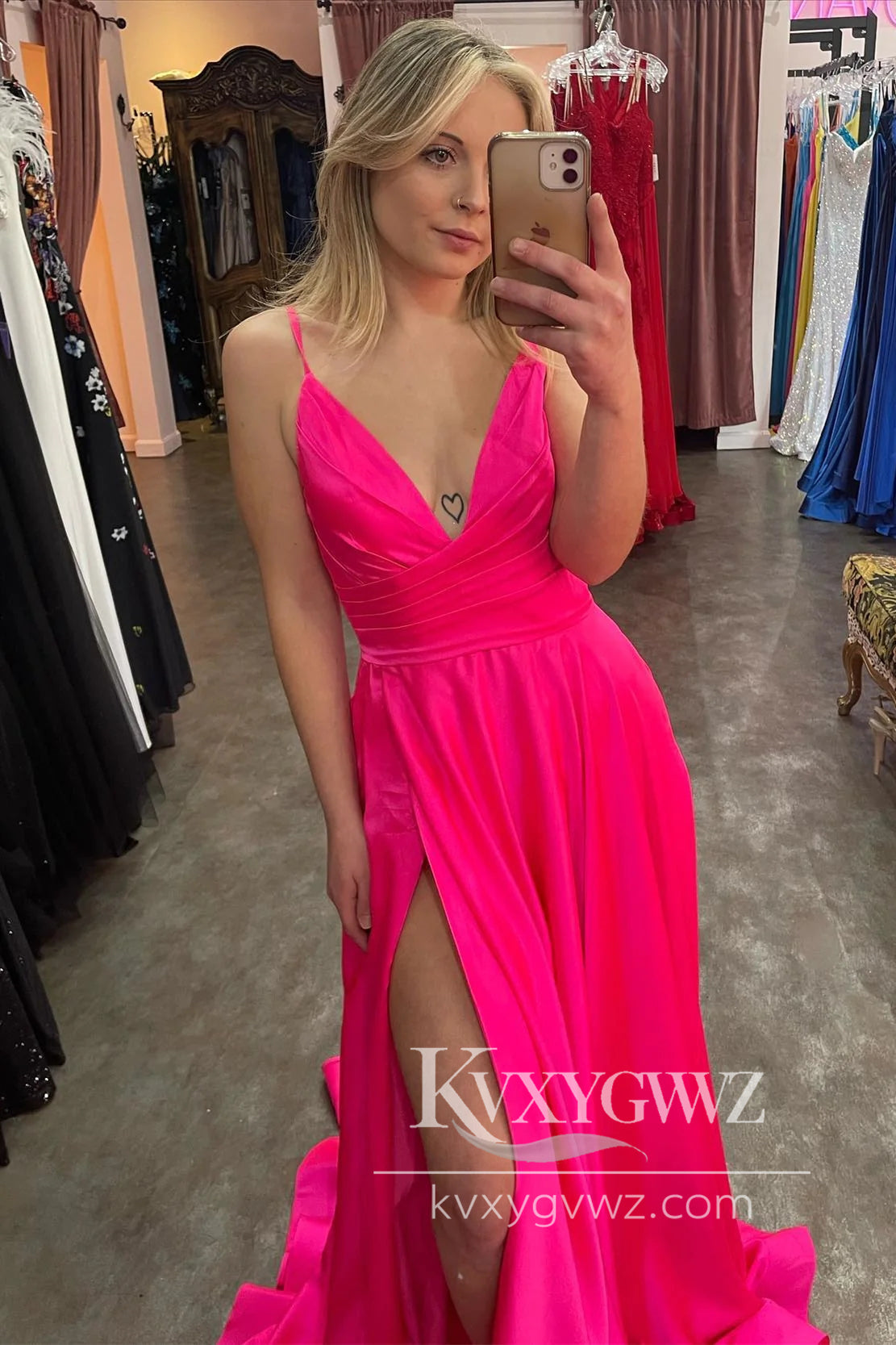 Fuchsia Plunging V Neck Straps Evening Gown A-line Satin Long Prom Dress with Slit LF790