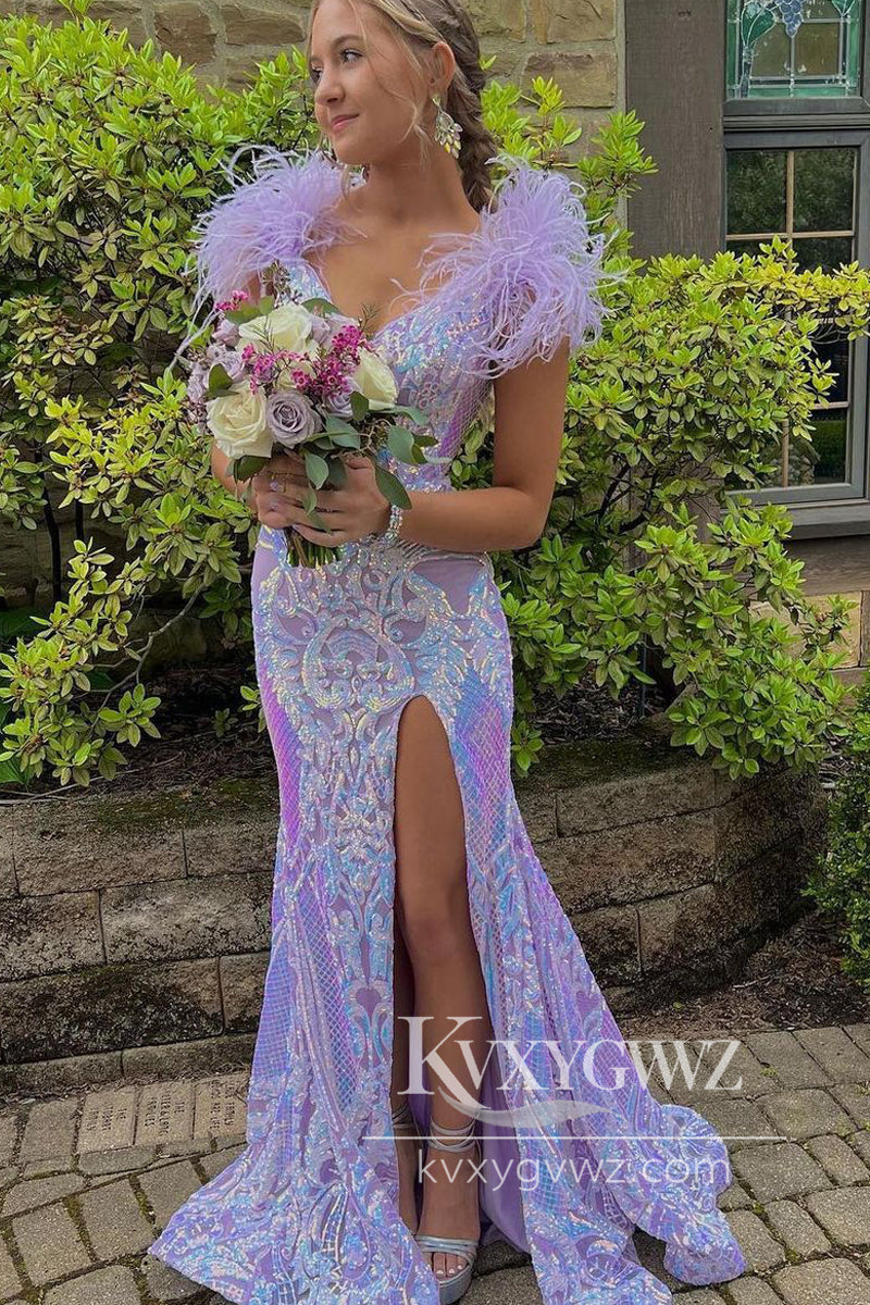 Lavender Mermaid V Neck Prom Gown Sequin Lace Long Prom Evening Dress with Feather LF792