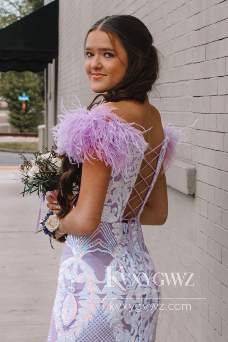 Lavender Mermaid V Neck Prom Gown Sequin Lace Long Prom Evening Dress with Feather LF792