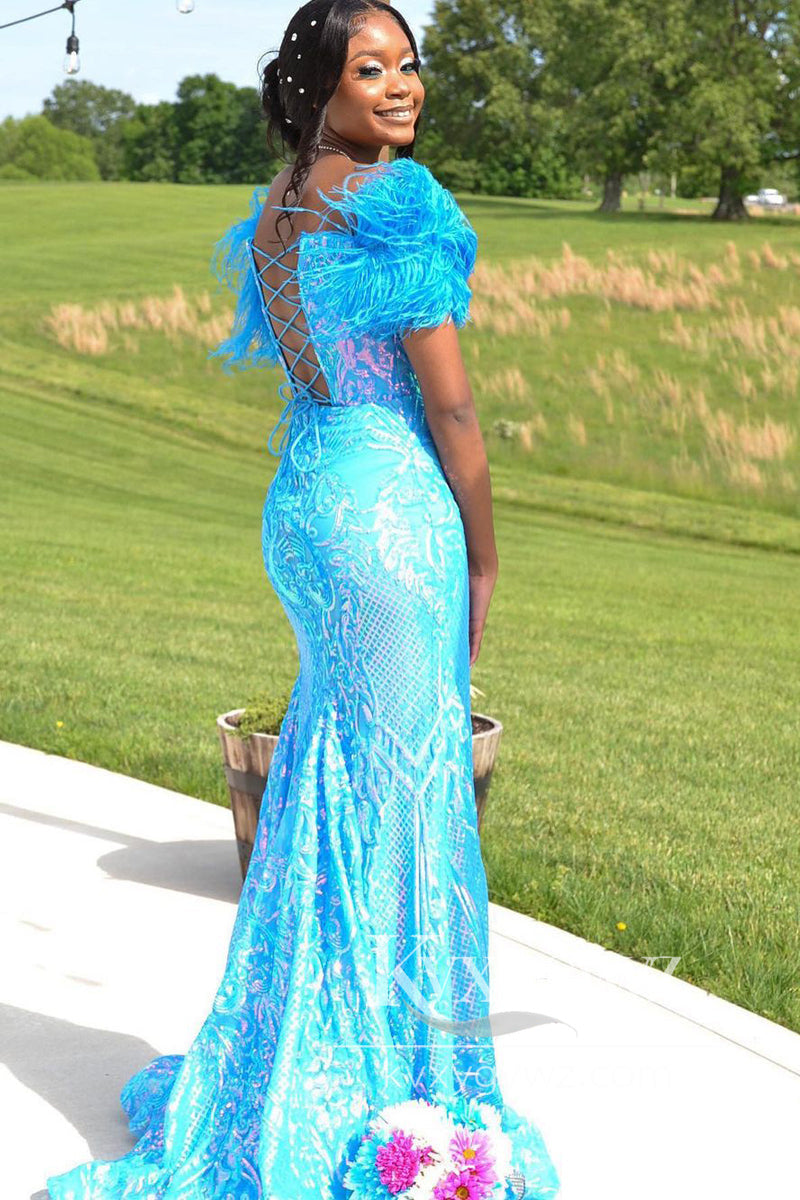 Lavender Mermaid V Neck Prom Gown Sequin Lace Long Prom Evening Dress with Feather LF792
