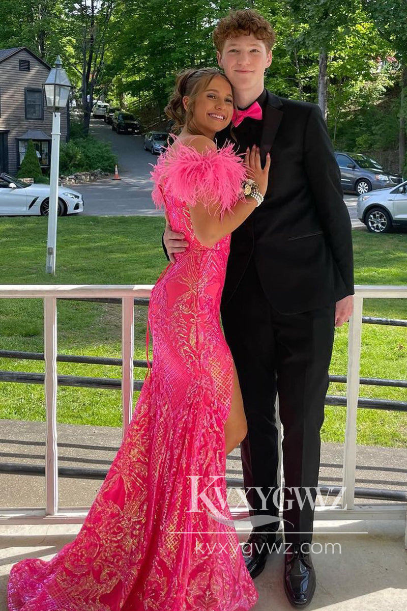 Lavender Mermaid V Neck Prom Gown Sequin Lace Long Prom Evening Dress with Feather LF792