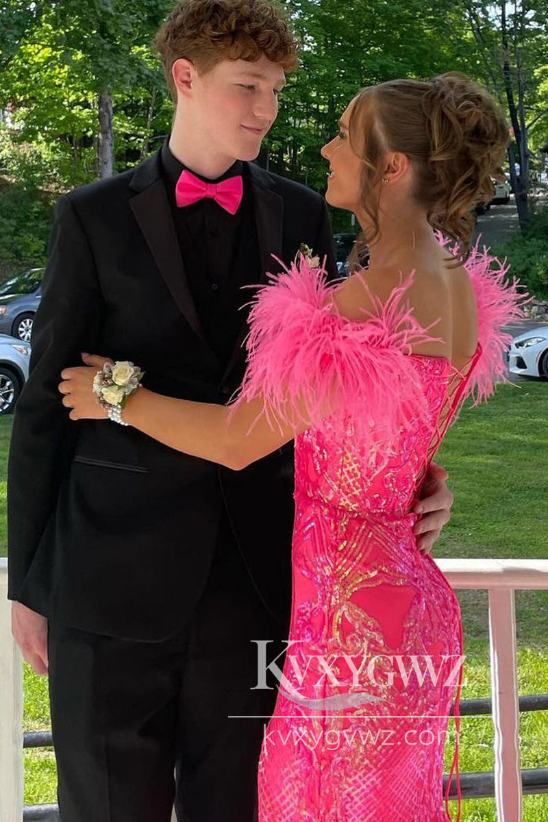 Lavender Mermaid V Neck Prom Gown Sequin Lace Long Prom Evening Dress with Feather LF792