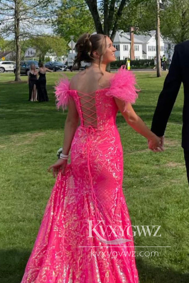 Lavender Mermaid V Neck Prom Gown Sequin Lace Long Prom Evening Dress with Feather LF792