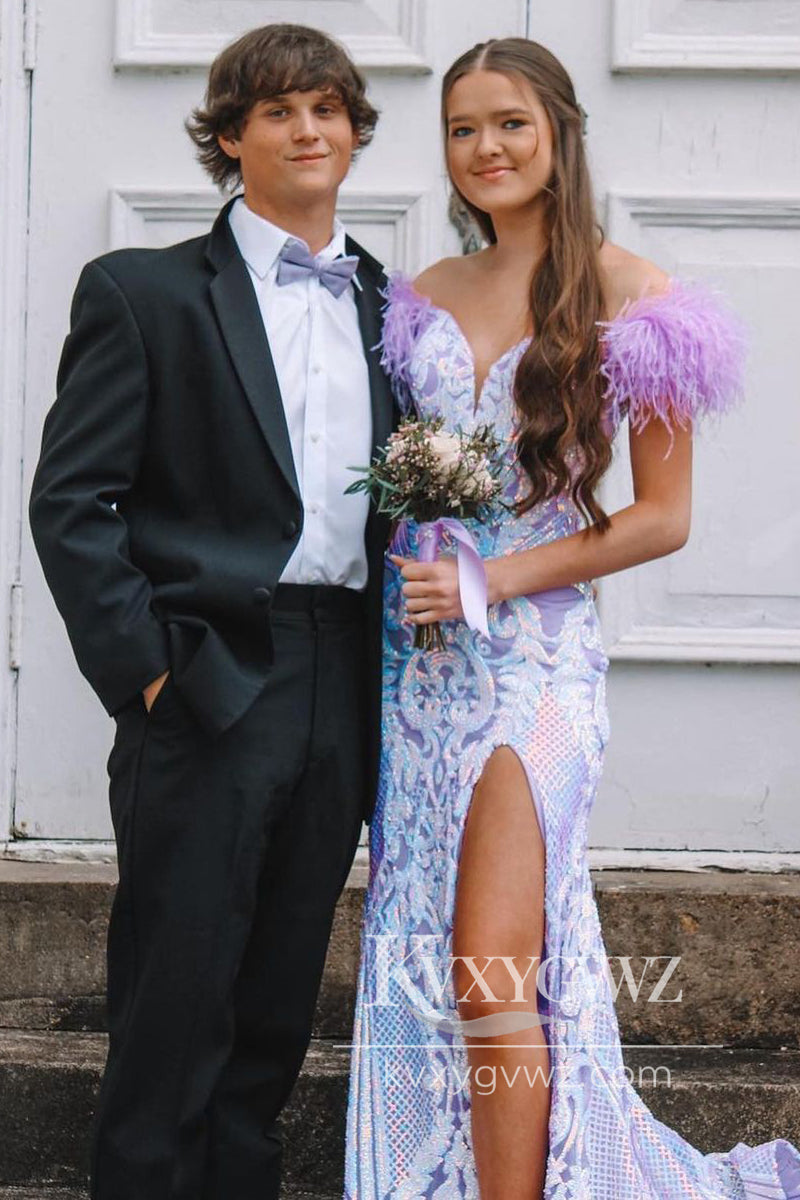 Lavender Mermaid V Neck Prom Gown Sequin Lace Long Prom Evening Dress with Feather LF792