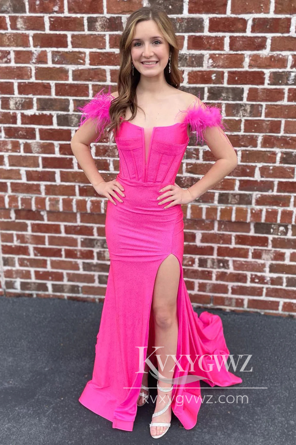 Off The Shoulder Hot Pink Evening Gown Mermaid Long Prom Dress with Feathers LF794