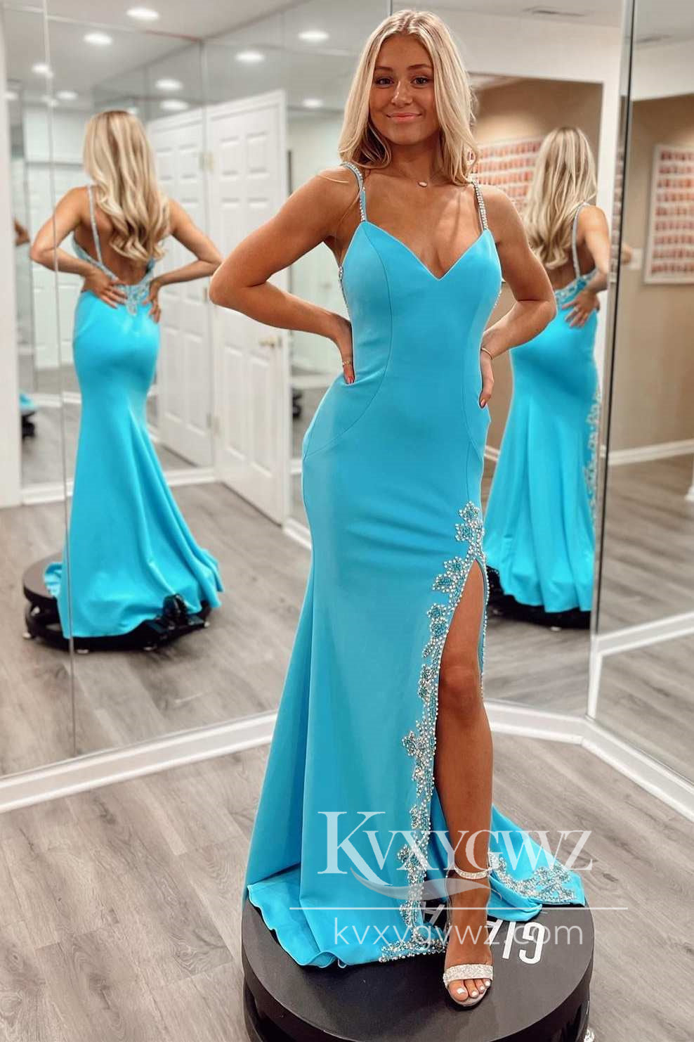 Spaghetti Strap Mermaid V Neck Light Blue Evening Gown Satin Beaded Long Prom Dress LF796