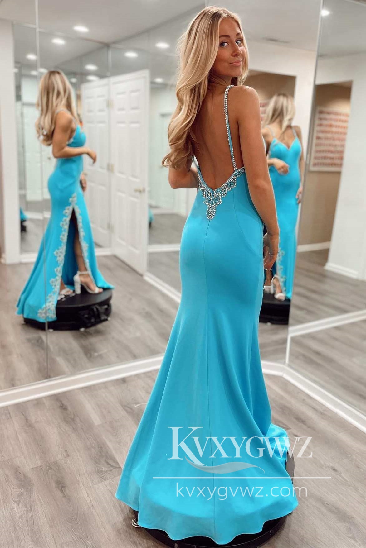 Spaghetti Strap Mermaid V Neck Light Blue Evening Gown Satin Beaded Long Prom Dress LF796