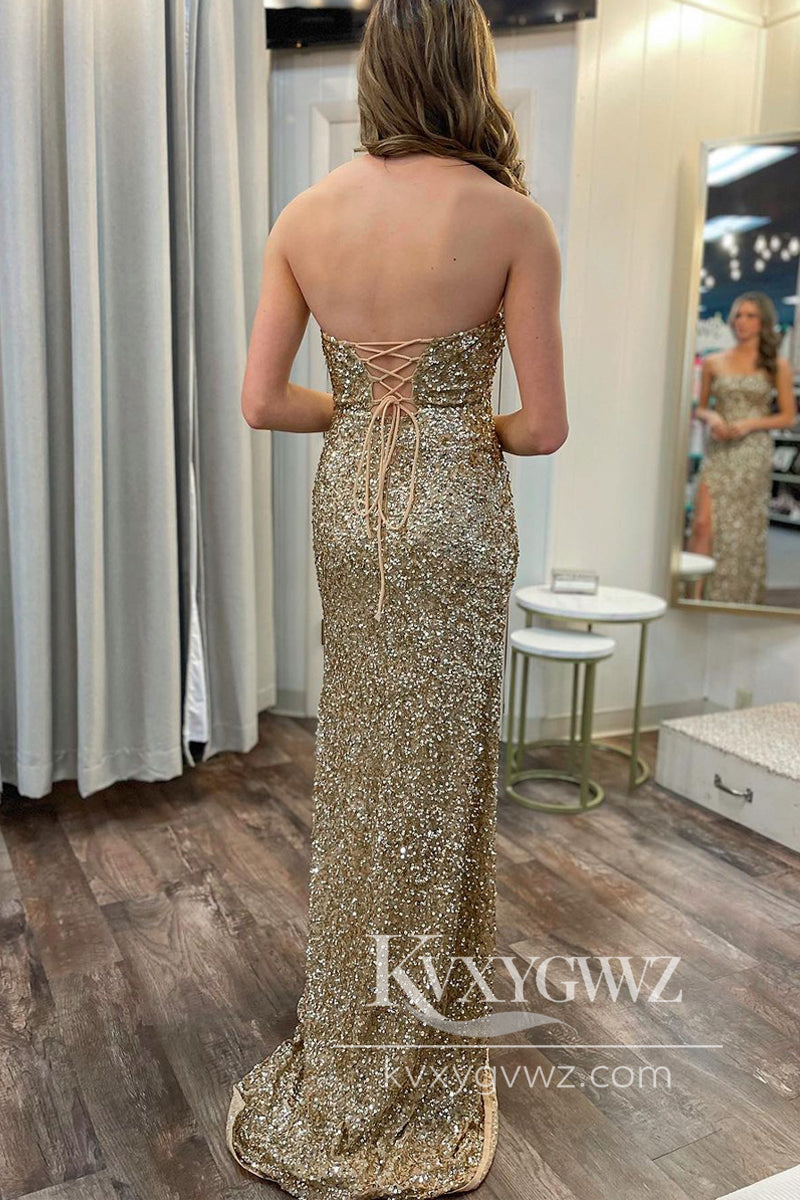 Gold Strapless Sequins Evening Gown Mermaid Prom Dress with Slit LF797