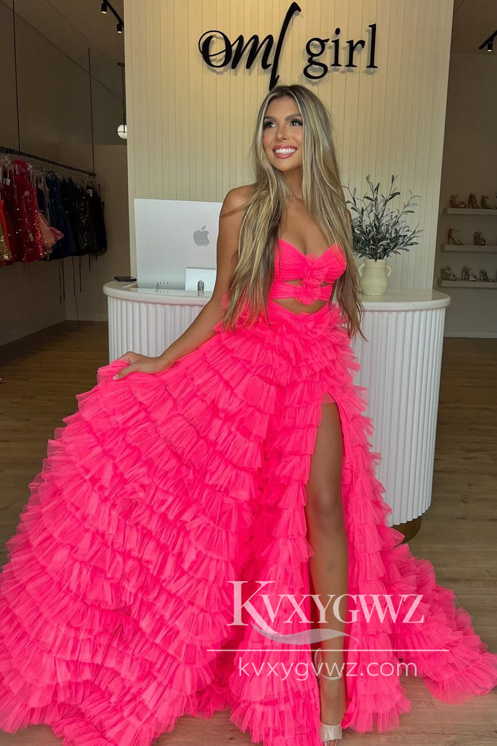 Stunning Mermaid Evening Gown Sweetheart Hot Pink Tulle Long Prom Dress with Slit LF799