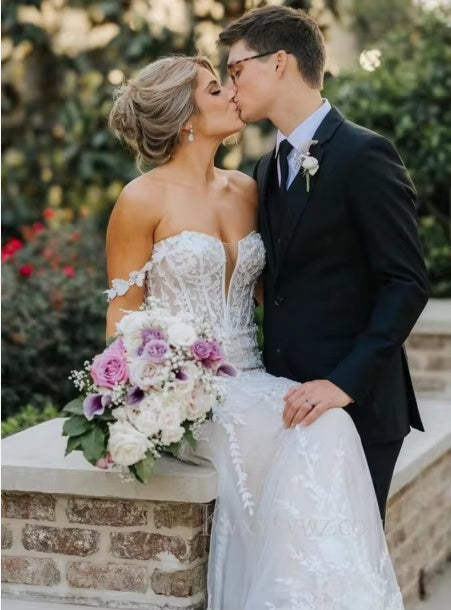 Off The Shoulder Mermaid Sweep Train Wedding Gown/Dress With Appliques HS467