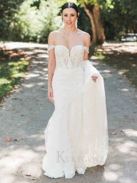 Elegant Off The Shoulder Mermaid Ivory Wedding Gown/Dress With Lace HS404