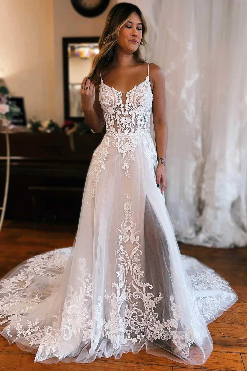 Gorgeous A-Line Cold Sleeves Tulle Lace Beach Wedding Dresses/Gowns HS23082711