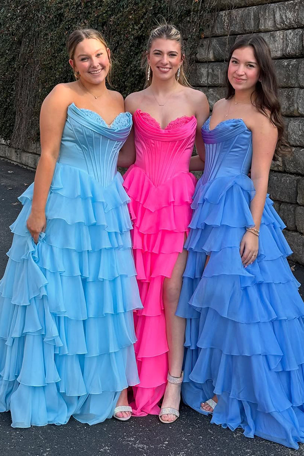 A-Line Strapless Ruffle Tiered Long Prom Dress Gown with Slit LF1374