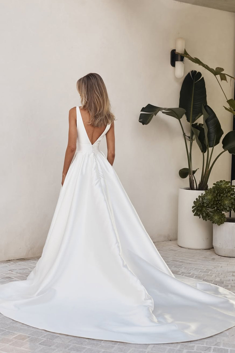 Ball Gown V Neck White Satin Wedding Dresses Gown with Slit HS858