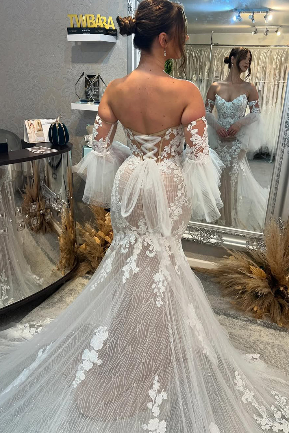 Boho Mermaid V Neck Lace Wedding Dresses Gown with Appliques HS874