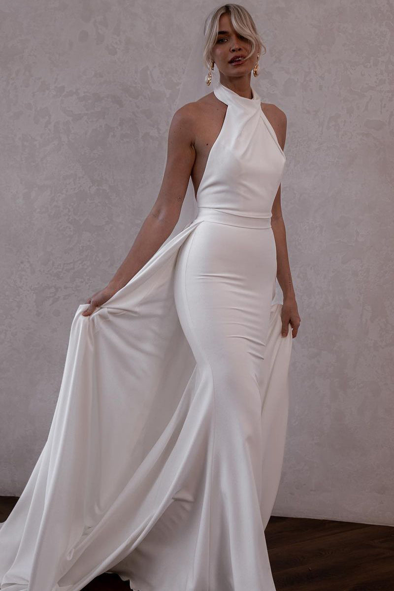 White Satin Halter Wedding Dresses/Gowns with Detachable Train HS23111105