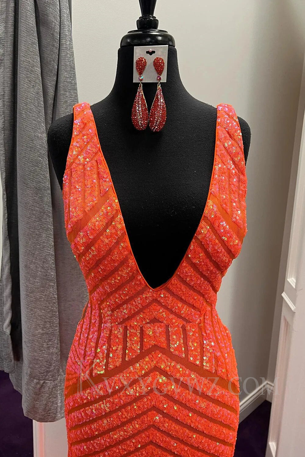 Fuchsia Deep V Neck Sequin Mermaid Prom Dress LF008