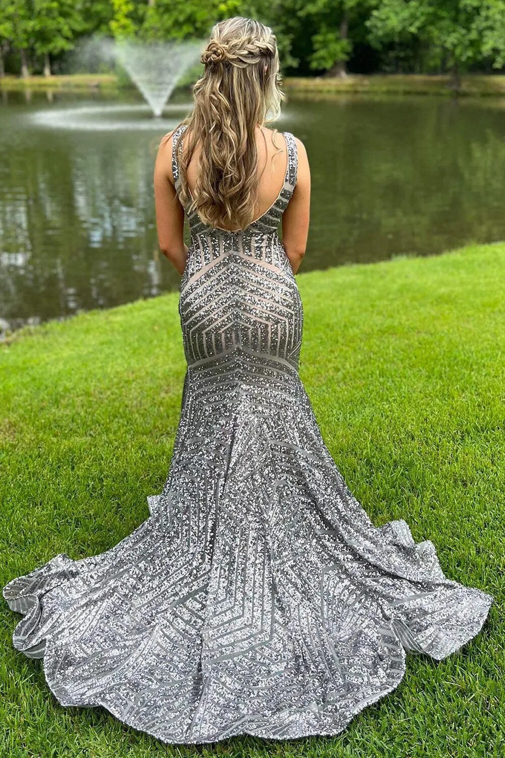 Fuchsia Deep V Neck Sequin Mermaid Prom Dress LF008