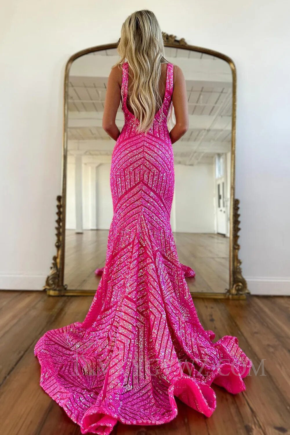 Fuchsia Deep V Neck Sequin Mermaid Prom Dress LF008
