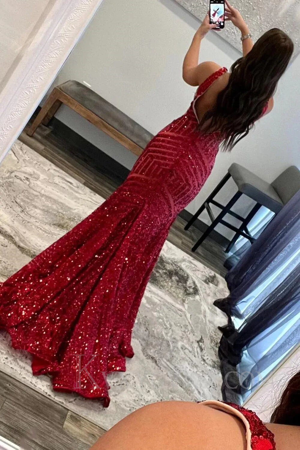 Fuchsia Deep V Neck Sequin Mermaid Prom Dress LF008