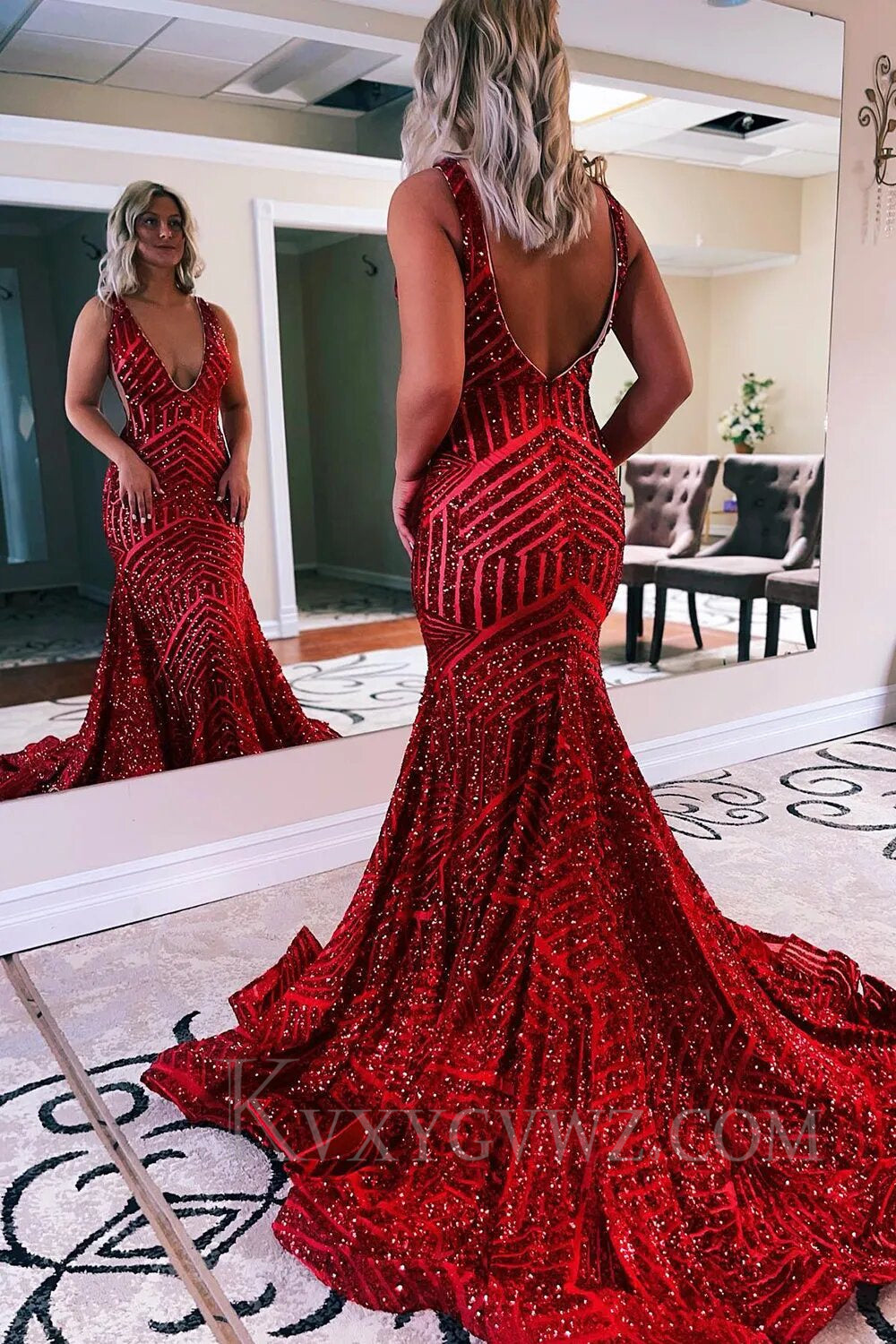 Fuchsia Deep V Neck Sequin Mermaid Prom Dress LF008