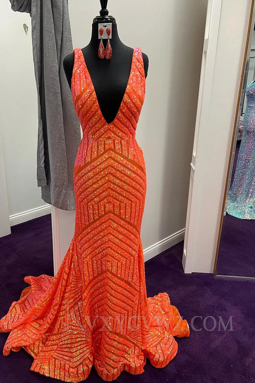 Fuchsia Deep V Neck Sequin Mermaid Prom Dress LF008