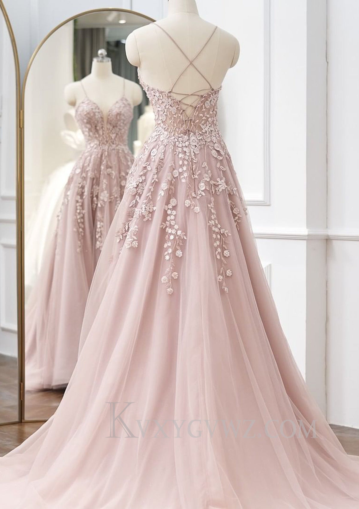 A-line V Neck Spaghetti Straps Sweep Train Tulle Prom Dress With Appliqued Beading LF080