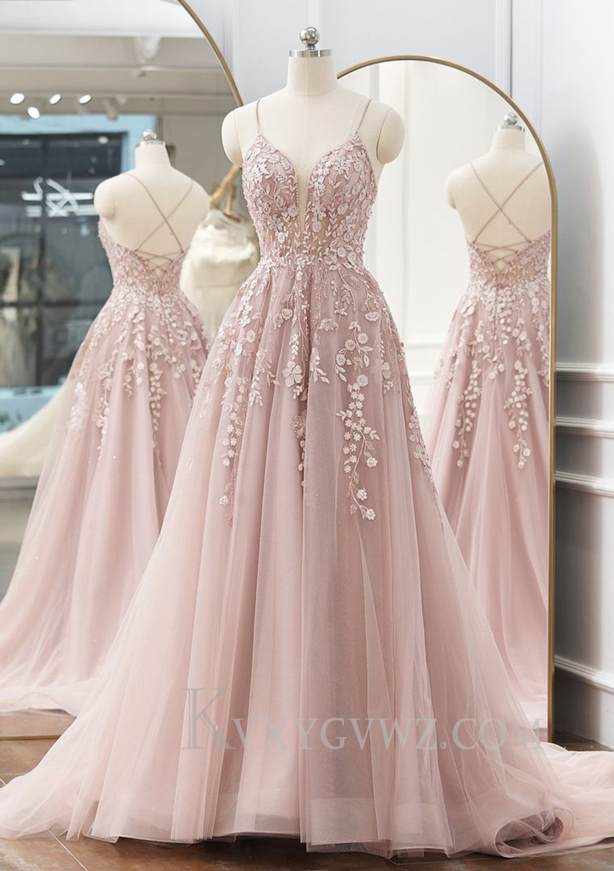 A-line V Neck Spaghetti Straps Sweep Train Tulle Prom Dress With Appliqued Beading LF080