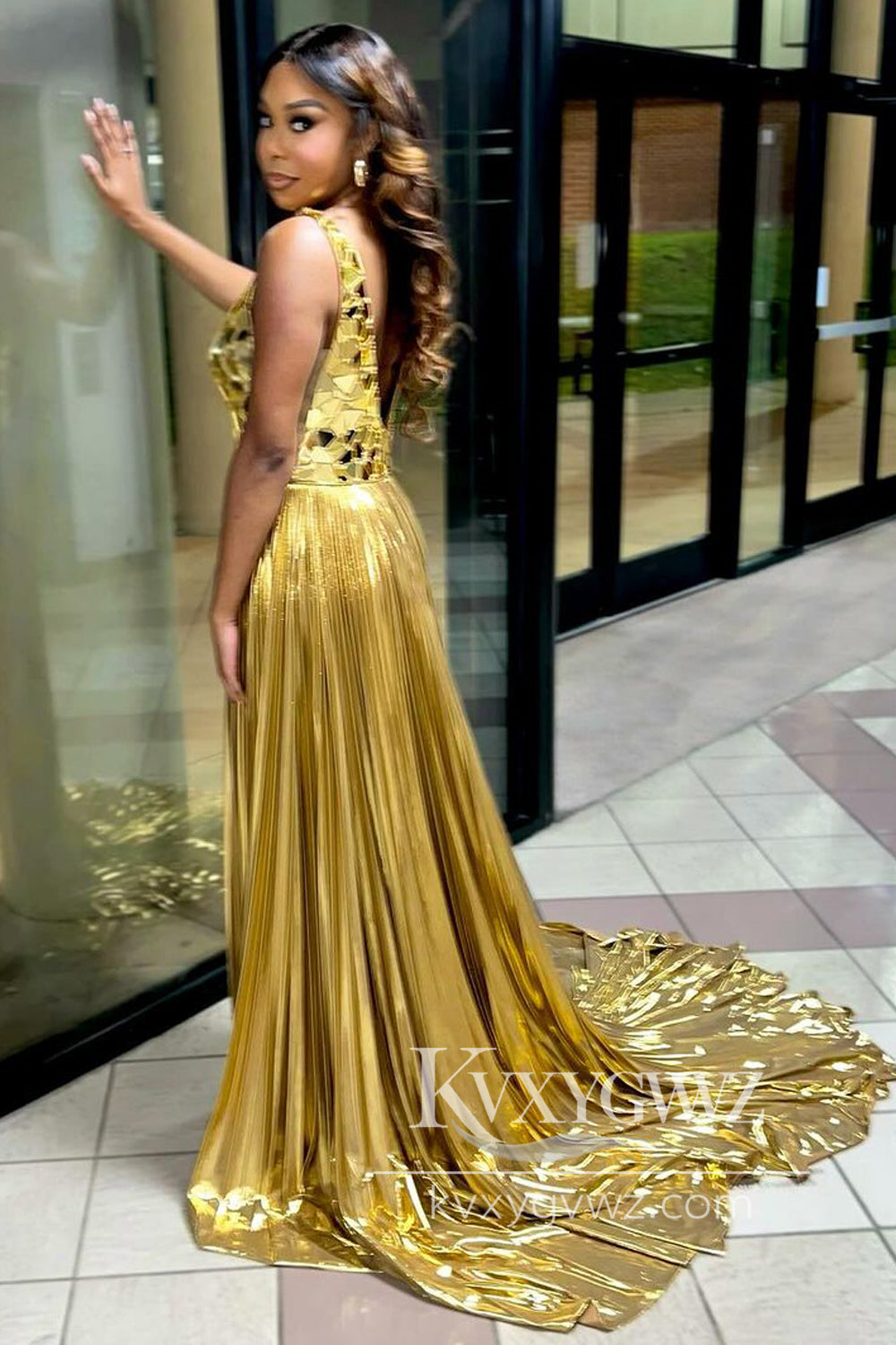 Gold A Line V Neck Evening Gown Beaded Pleated Prom Dress with Slit LF800