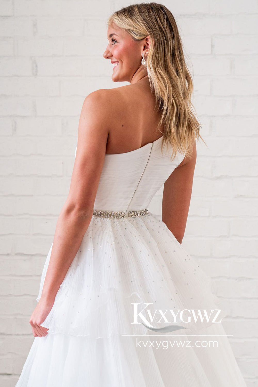 Ball Gown One Shoulder White Ruffle Tiered Tulle Wedding Dresses Gown With Sweep Train HS800