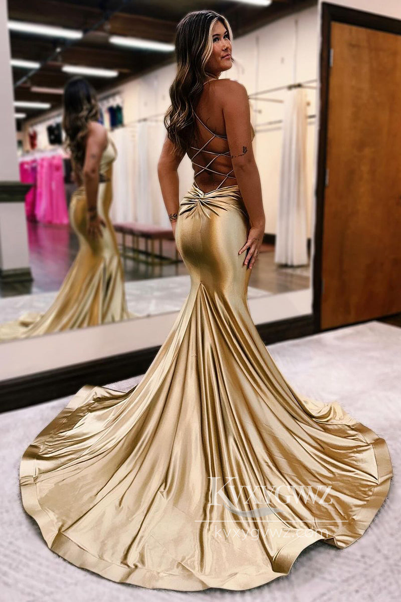 Spaghetti Strap Golden Evening Gown Satin V Neck Cutout Mermaid Prom Dress LF801