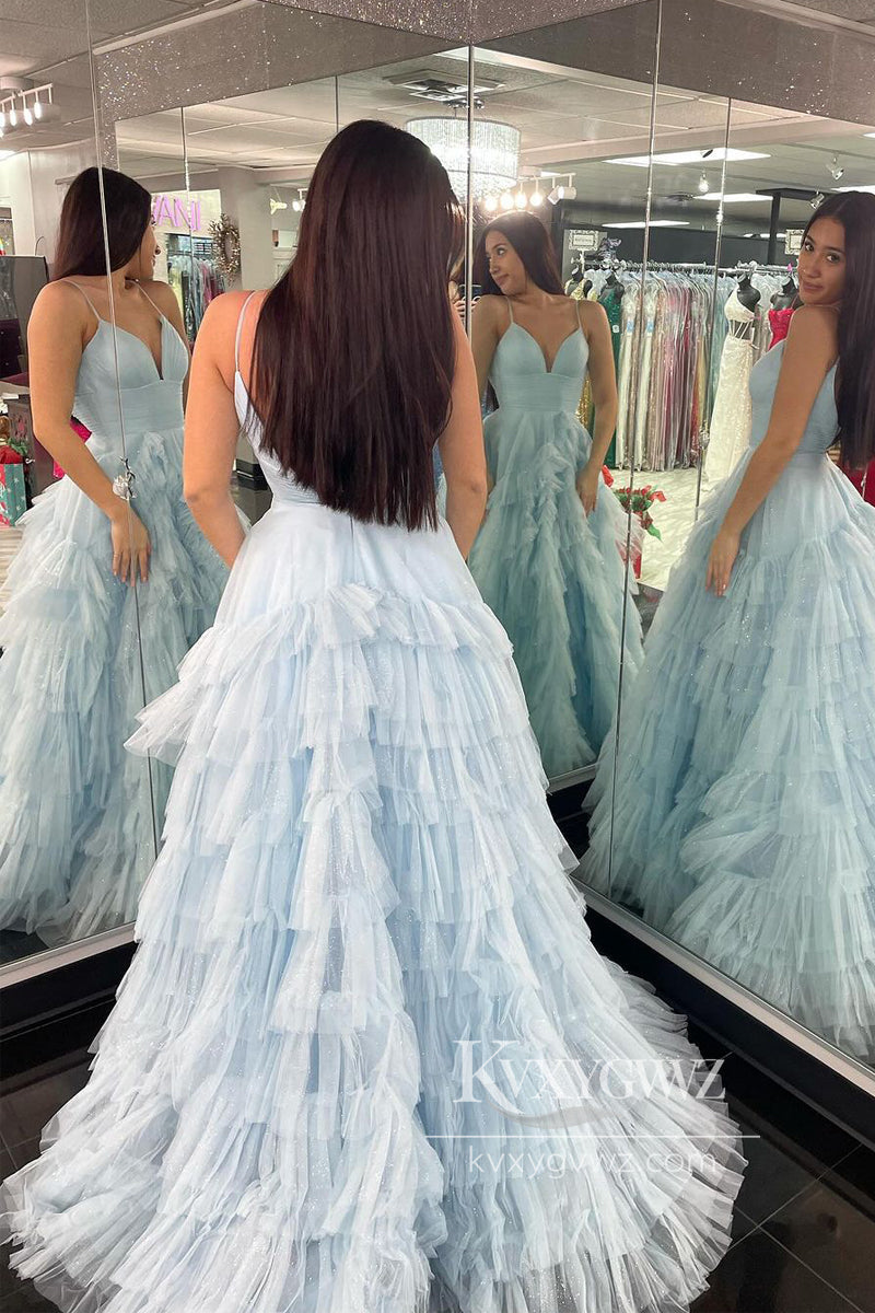 Light Blue Spaghetti Straps Evening Gown Tiered Tulle Long Prom Dress With Slit LF802