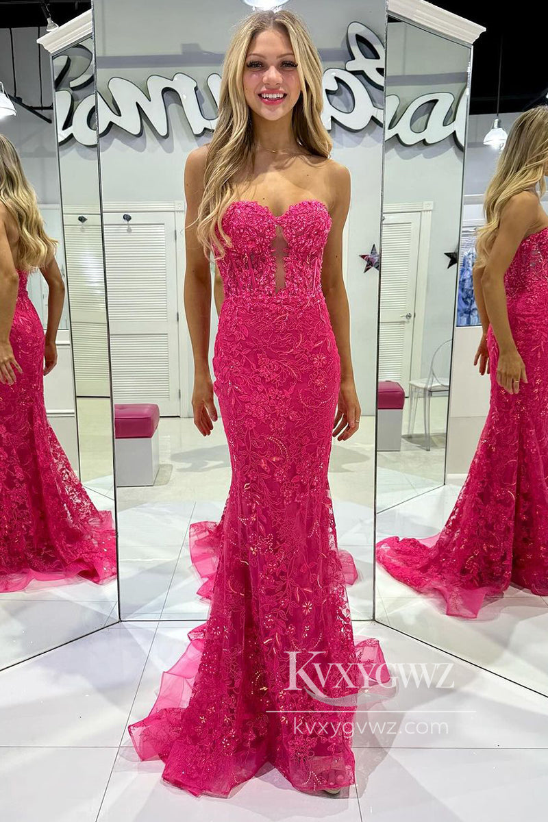 Fuchsia Sweetheart Evening Gown Tulle Lace Long Prom Dress with Appliques LF804
