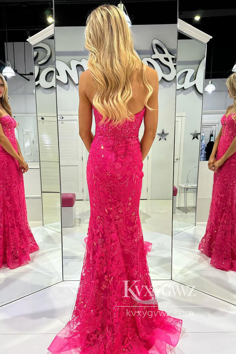 Fuchsia Sweetheart Evening Gown Tulle Lace Long Prom Dress with Appliques LF804