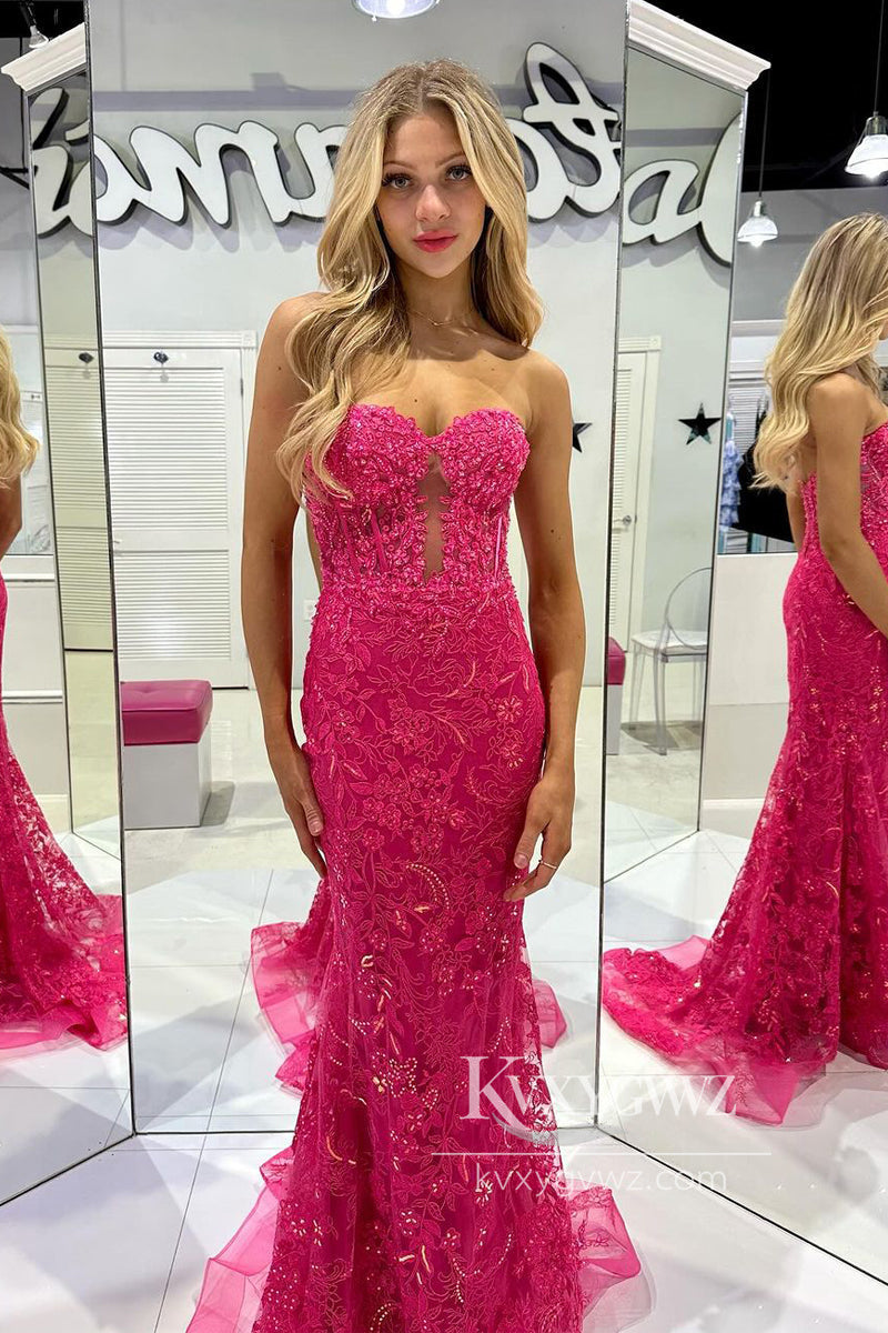 Fuchsia Sweetheart Evening Gown Tulle Lace Long Prom Dress with Appliques LF804