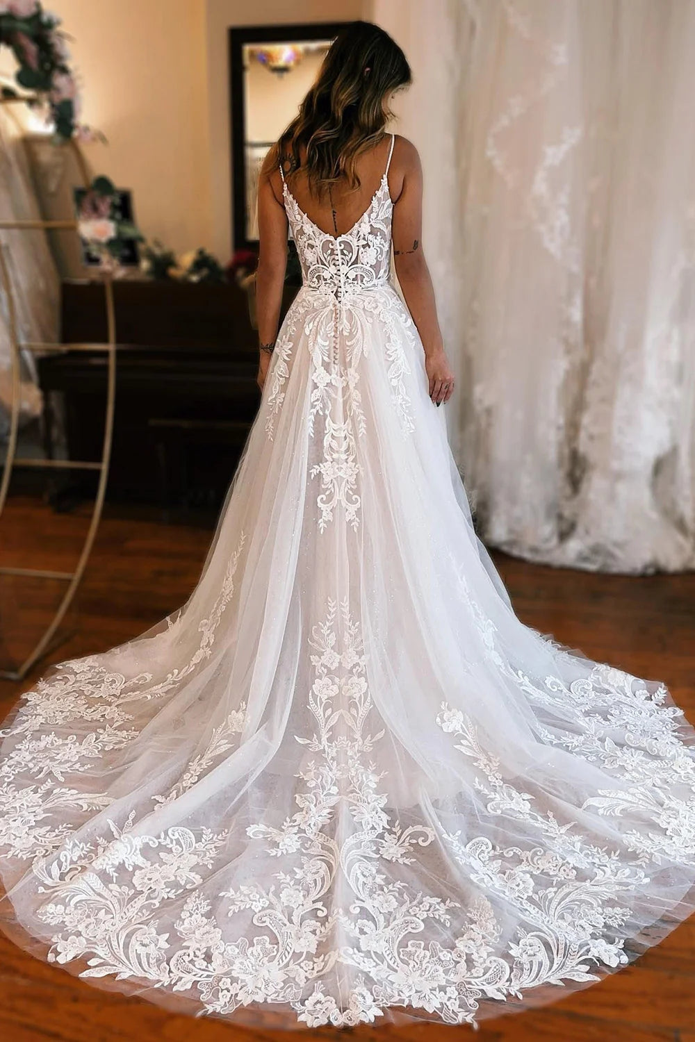 Gorgeous A-Line Cold Sleeves Tulle Lace Beach Wedding Dresses/Gowns HS23082711