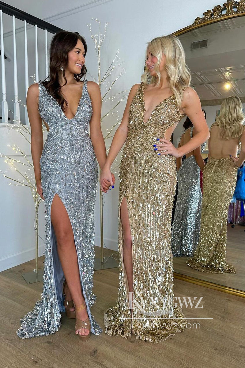 Dazzling Gold Sequins Mermaid Long Prom Dress Gown with Slit with Beading LF806