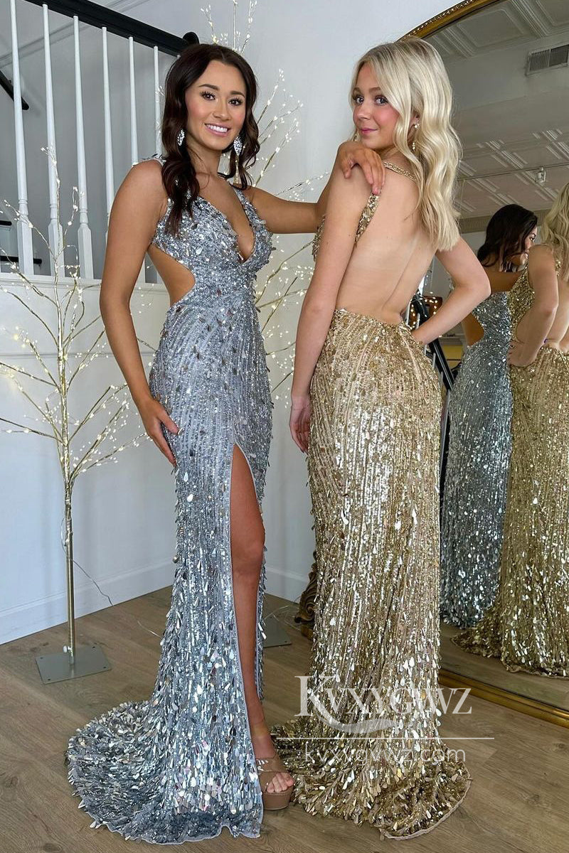 Dazzling Gold Sequins Mermaid Long Prom Dress Gown with Slit with Beading LF806