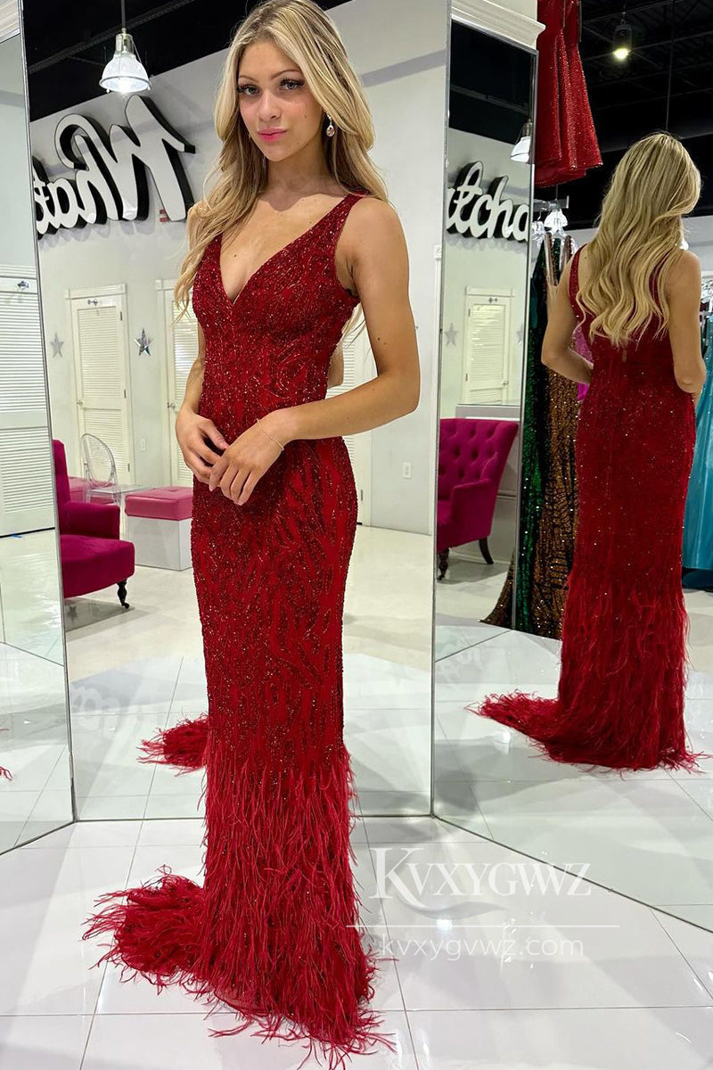Mermaid V Neck Dark Red Evening Gown Sequins Long Prom Dress with Feather LF808
