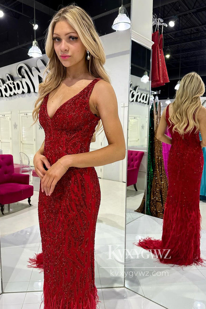 Mermaid V Neck Dark Red Evening Gown Sequins Long Prom Dress with Feather LF808