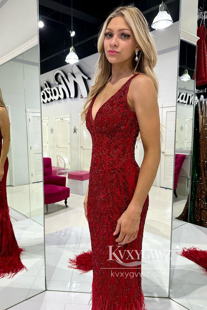 Mermaid V Neck Dark Red Evening Gown Sequins Long Prom Dress with Feather LF808