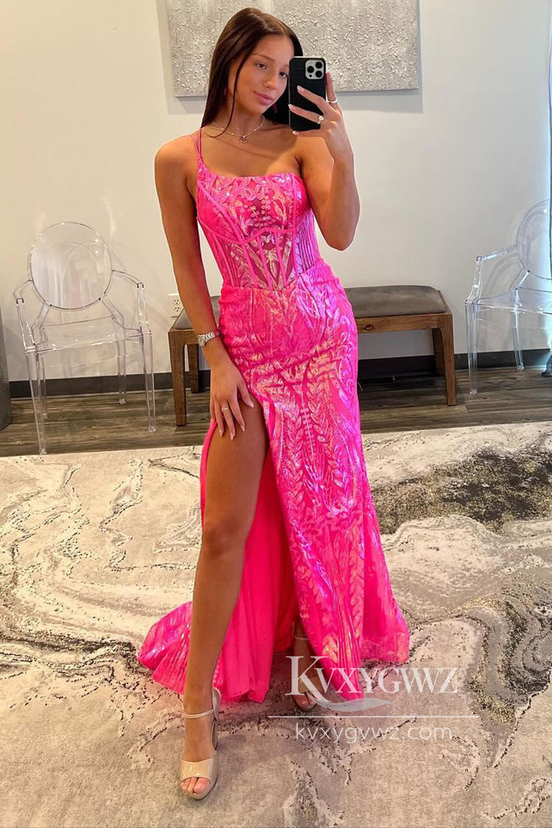 Mermaid One Shoulder Evening Gown Fuchsia Sequins Lace Long Prom Dress LF809