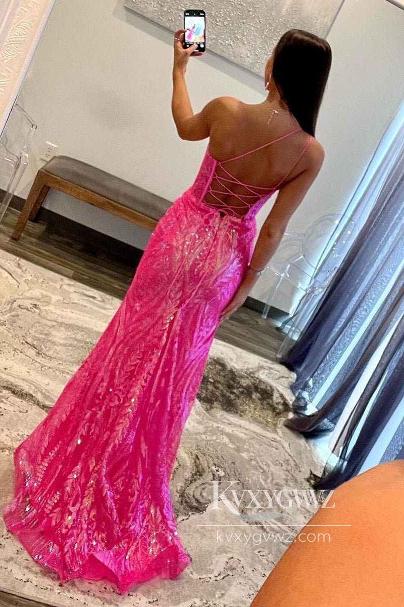 Mermaid One Shoulder Evening Gown Fuchsia Sequins Lace Long Prom Dress LF809