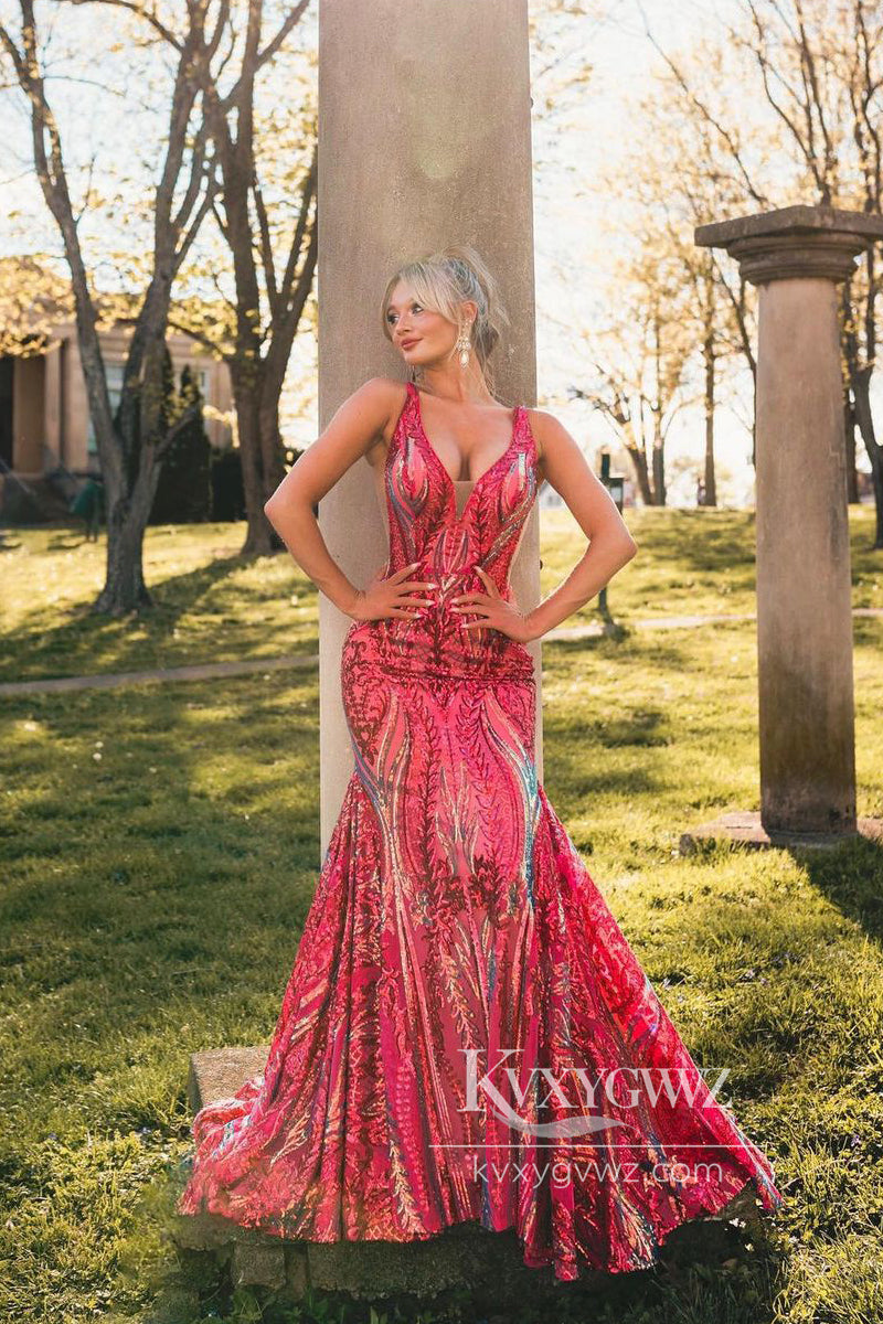 Mermaid Sexy V Neck Evening Gown Fuchsia Sequins Long Prom Dress LF810